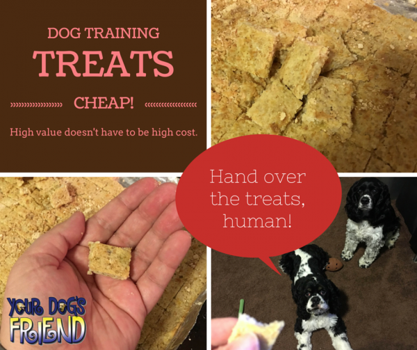 Photo collage showing baked dog treats, two cocker spaniels begging for a treat, and the text Dog Training Treats Cheap. High Value doesn't have to mean high ost.