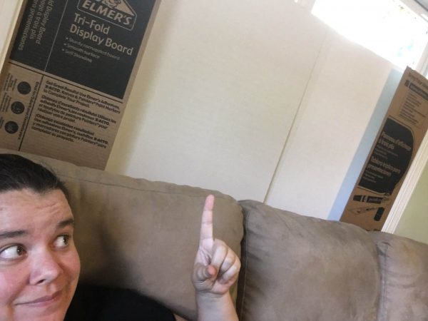 the author sitting on the couch pointing up at the window which is covered with a posterboard